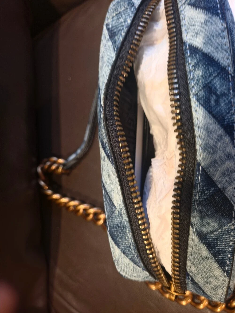 Kurt Geiger Blue Denim Crossbody with Bronze Chain